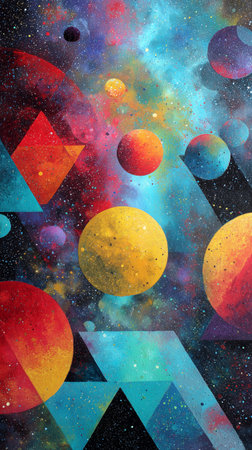 Bright colors and shapes create an abstract scene of space, featuring large circles and sharp triangular peaks against a dark background filled with stars.の素材