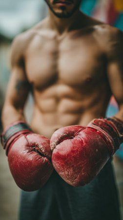 A muscular boxer stands ready in a gym, wearing red boxing gloves. The light highlights his toned physique as he prepares for an intense workout session in the evening.の素材