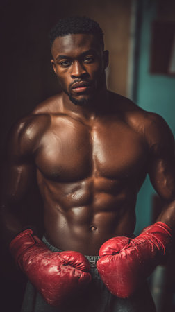 A muscular boxer stands confidently in a gym, wearing red gloves. The scene captures the intensity of his focused mindset as he prepares for his next training session.の素材