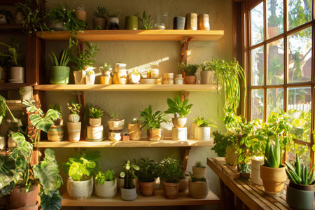 Shelves filled with numerous potted plants create a vibrant atmosphere in a bright greenhouse. Sunlight streams in, enhancing the colors of the foliage and pots.の素材