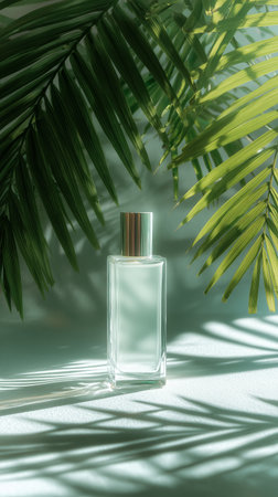A clear perfume bottle stands on a light surface, surrounded by vibrant green palm leaves. Sunlight creates delicate shadows, enhancing the peaceful scene.の素材