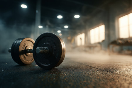 A dumbbell is placed on the gym floor, surrounded by a misty atmosphere created by soft lighting. The fitness center is quiet, ideal for workouts and training sessions.の素材