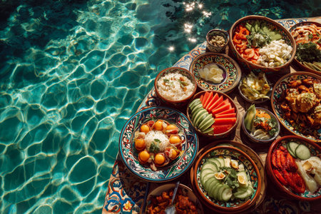 A vibrant spread of various traditional dishes is arranged on a wooden table beside a shimmering pool. The scene captures a sunny day perfect for enjoying delicious food.の素材