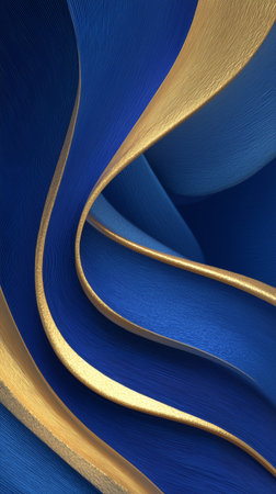 Vibrant blue and gold swirling patterns create a dynamic and fluid scene. The artwork showcases smooth color transitions, evoking a sense of movement and depth.の素材