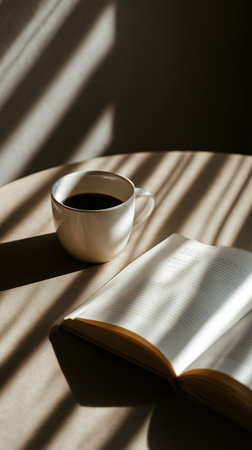 A warm cup of coffee sits next to an open book on a table. Soft shadows fall across the surface, creating a cozy atmosphere in the afternoon light.の素材