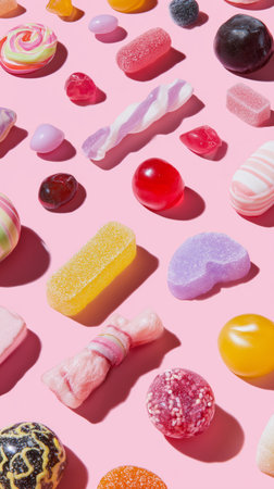 Many different types of candies are neatly spread out on a pink background, showing a variety of shapes, colors, and textures that invite playful enjoyment.の素材