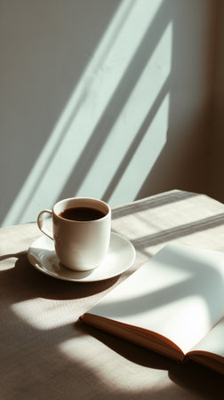 A warm cup of coffee sits next to an open book on a table. Soft shadows fall across the surface, creating a cozy atmosphere in the afternoon light.の素材