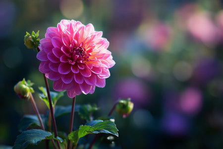 A vibrant pink dahlia with layered petals stands tall in a garden. Surrounding buds hint at more flowers to bloom soon, bringing life to the summer landscape.の素材