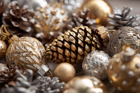 A collection of unique golden and silver ornaments is arranged beautifully, showing different shapes and textures.の素材