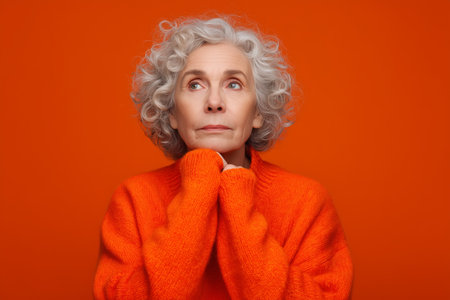 A woman with curly gray hair is standing in front of a bright orange backdrop. She has a thoughtful expression while holding her sweater. The setting gives a warm and engaging vibe.の素材