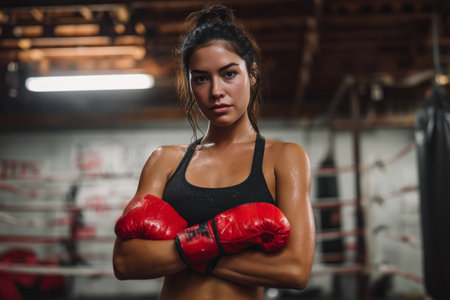 A female boxer stands confidently in a gym, wearing red gloves and a black tank top. She has a determined look and is ready to train at the boxing ring in the background.の素材