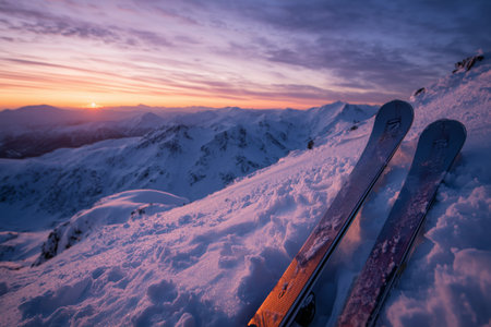 Ski gear stands on fresh snow as the sun sets behind the majestic mountains, casting vibrant colors across the sky. The serene winter landscape is breathtaking and peaceful.の素材