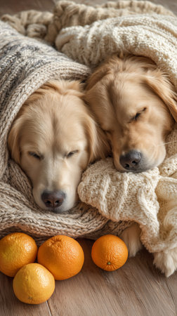 Two golden retrievers are peacefully sleeping next to bright oranges on the floor while wrapped in soft blankets in a warm and inviting indoor space.の素材