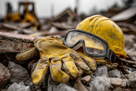 Yellow gloves and helmet rest on rubble at a demolition site, showing the tools of the trade. Heavy machinery is in the background, indicating active construction work.の素材