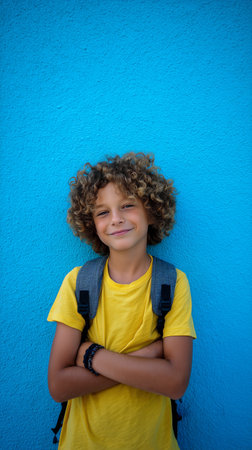 A cheerful boy with curly hair poses confidently against a vibrant blue wall. He wears a yellow shirt and a backpack. The scene exudes a sense of joy and youthfulness.の素材