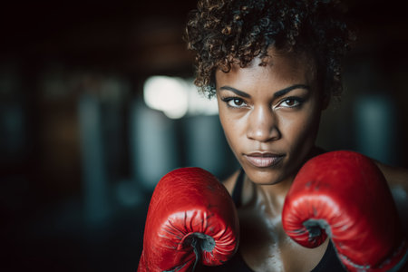 A determined woman with curly hair focuses intensely as she prepares to box. She wears bright red gloves in a well-lit training area, embodying strength and confidence.の素材