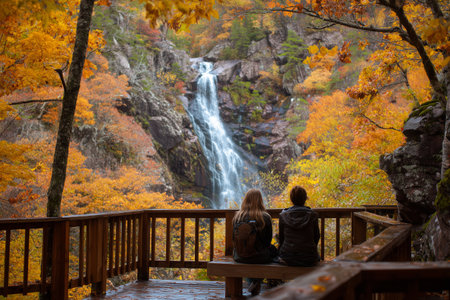 Two friends sit on a wooden platform, admiring a flowing waterfall. Vibrant fall foliage surrounds them, creating a peaceful natural scene in the forest.の素材