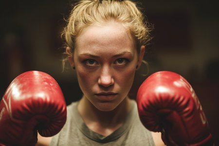 A determined woman with curly hair focuses intensely as she prepares to box. She wears bright red gloves in a well-lit training area, embodying strength and confidence.の素材