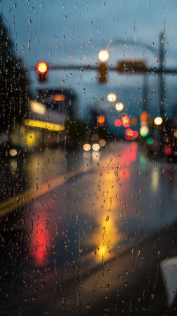 Rain falls on a busy city street at dusk. Traffic lights glow in red, yellow, and green while colorful reflections shimmer on the wet pavement. Cars move slowly in the rainy weather.の素材