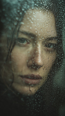 A woman stands by a window, her face illuminated by soft light. Raindrops create a blurred effect, adding to the serene and introspective atmosphere of the moment.の素材