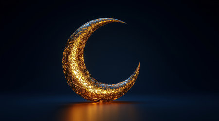 A golden crescent moon sculpture stands out against a dark backdrop, showcasing delicate patterns and a luminous shine that captures attention.の素材