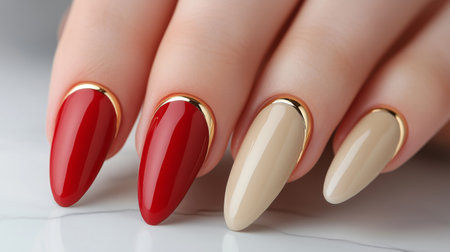Long, pointed nails display a striking combination of red and beige polish, enhanced with shiny gold accents. This stylish nail design is perfect for events or celebrations.の素材