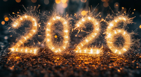 Fireworks create glowing numbers 2026, marking the New Year celebration. A festive atmosphere surrounds as gather people to welcome fresh beginnings.の素材