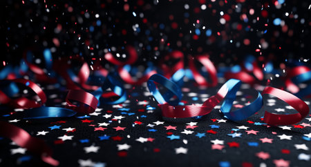 Bright red, white, and blue star confetti and shiny ribbons cover a dark surface, creating a cheerful atmosphere for a celebration, party, or event, highlighting a patriotic theme.の素材