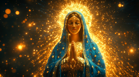 A figure in blue robes prays with hands clasped, enveloped in radiant golden light that evokes peace and a powerful sense of devotion.の素材