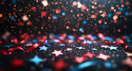 Colorful ribbons and stars in red, white, and blue are scattered on a dark surface, creating a festive atmosphere for a celebration or holiday event.の素材