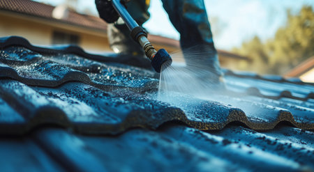 A worker uses a high-pressure water sprayer to clean a tiled roof under bright sunlight. Water sprays off the tiles, creating a misty effect against the greenery in the background.の素材