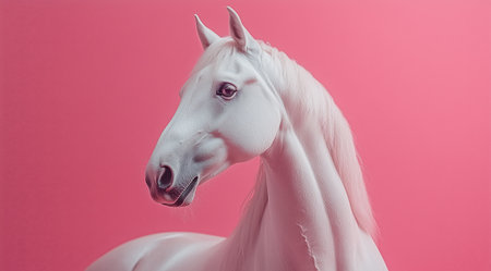 A beautiful white horse stands proudly with its long mane cascading. The soft pink background highlights its elegance and grace in this serene moment.の素材