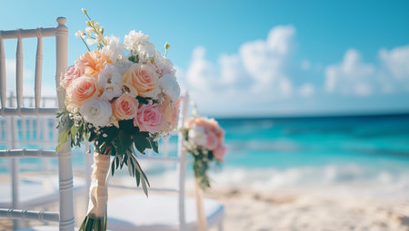 A stunning floral bouquet stands in the foreground at a beach wedding. White chairs are arranged on the sand, overlooking the clear ocean and bright blue sky.の素材
