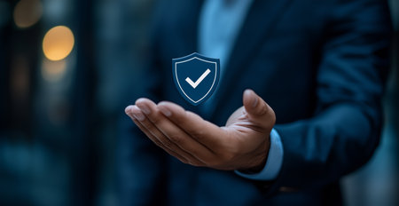 Two hands are presenting a shield emblem representing safety and trust in a corporate environment. The background suggests a modern office space during daylight.の素材