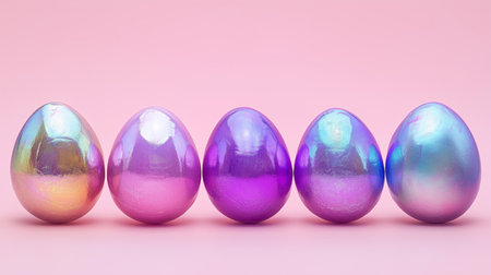 Vibrant eggs in hues of purple, gold, blue, and pink sit in a straight line against a soft pink backdrop, creating a festive atmosphere perfect for Easter festivities.の素材