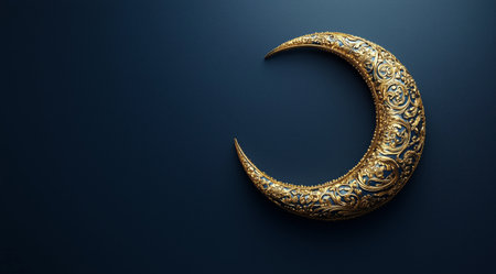 A golden crescent moon sculpture stands elegantly with detailed patterns, casting a warm glow against a dark background. Its decorative design adds a touch of artistry and elegance.の素材