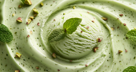 A delicious mint and pistachio dessert showcases creamy textures and vibrant colors. Decorated with a sprig of mint and crushed nuts, it looks tempting and fresh.の素材