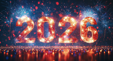 Colorful fireworks explode in the sky, illuminating the number 2026 in bright sparklers. This lively scene captures the excitement of New Years celebrations at midnight.の素材