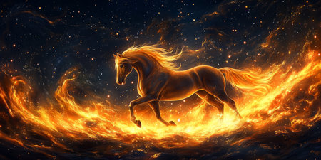 A majestic horse gallops through a blaze of vibrant flames, surrounded by a starry night sky. The scene captures the dynamic energy and beauty of the animal in motion.の素材