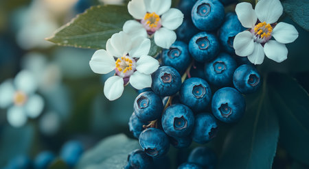 Blueberries grow vibrant on a bush, surrounded by delicate white flowers. The scene captures the essence of spring, with lush greenery reflecting the morning light.の素材