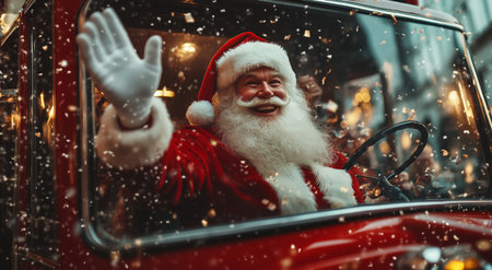 A cheerful figure dressed as Santa Claus greets passersby from the drivers seat of a red truck. Snowflakes fall gently in a lively street decorated for the holiday season.の素材