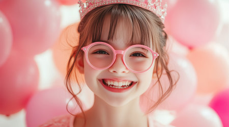 A girl wearing a crown and pink glasses smiles brightly at her birthday celebration surrounded by pink balloons. The joyful atmosphere captures the essence of childhood happiness.の素材