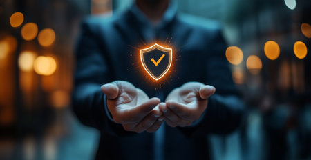 A business professional stands in a contemporary office, presenting a glowing shield symbol with a checkmark, emphasizing trust in digital security solutions and protection.の素材