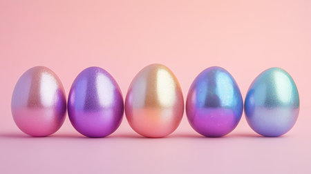 Five shiny, pastel-colored eggs are neatly arranged in a row against a soft pink backdrop. Their vibrant hues reflect light, adding charm to the festive display.の素材