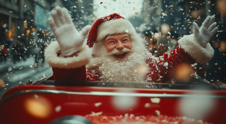 A cheerful Santa Claus waves from a red vehicle as snowflakes fall around him. The street is decorated with festive lights, creating a joyful holiday atmosphere.の素材