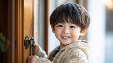 A cheerful young boy with short black hair stands by a wooden door, smiling brightly while holding the knob. Sunlight fills the cozy room, creating a warm atmosphere.の素材
