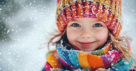 A cheerful child with bright blue eyes is wearing a colorful knitted hat and scarf, standing outdoors as snow gently falls around her on a winter day.の素材