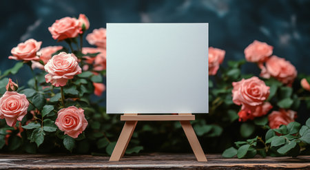 A blank canvas rests on a wooden easel surrounded by vibrant pink roses. Soft natural light highlights the beauty of the flowers, creating a serene atmosphere.の素材