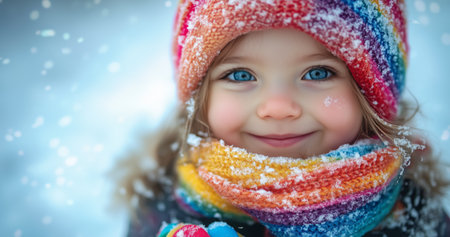 A joyful child with bright blue eyes smiles warmly against a snowy backdrop. She is wearing a colorful knit scarf and matching hat, creating a cheerful scene in winter.の素材