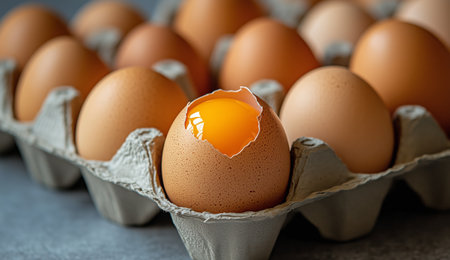A carton filled with brown eggs displays one egg that is cracked open. The vibrant yellow yolk is visible inside, contrasting with the brown shells.の素材